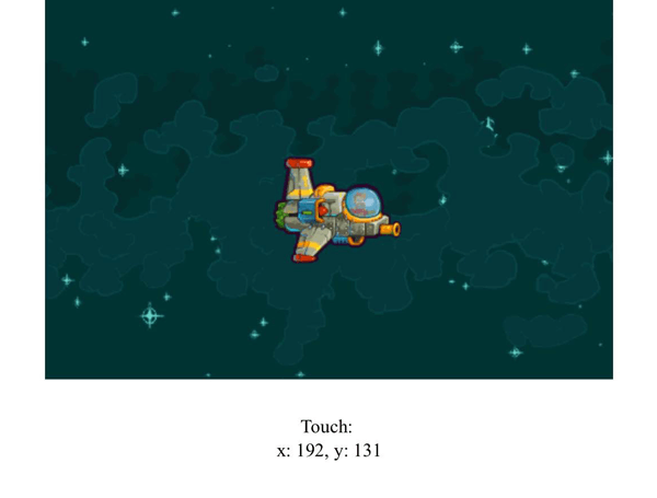 Touch-Steuerung für das Raumschiff des Spielers, mit sichtbarem Output der x- und y-Position.
