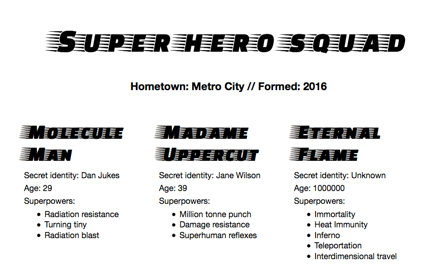 Bild eines Dokuments mit dem Titel "Super hero squad" (in einer ausgefallenen Schriftart) und Untertitel "Heimatstadt: Metro City // Gegründet: 2016". Drei Spalten unter der Überschrift sind mit "Molecule Man", "Madame Uppercut" und "Eternal Flame" betitelt. Jede Spalte listet den geheimen Identitätsnamen, das Alter und die Superkräfte des Helden auf.