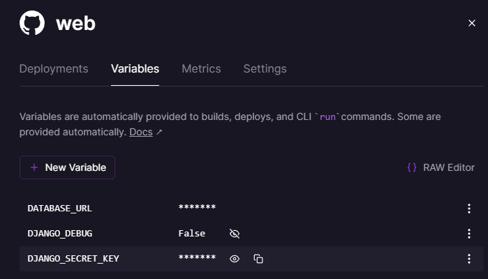 Railway-Bildschirm, der alle Projektvariablen anzeigt