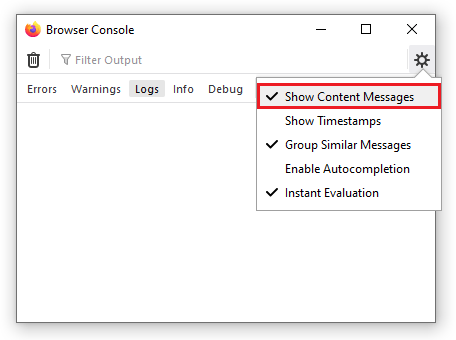 Browser-Konsole Menü: Inhaltsnachrichten anzeigen