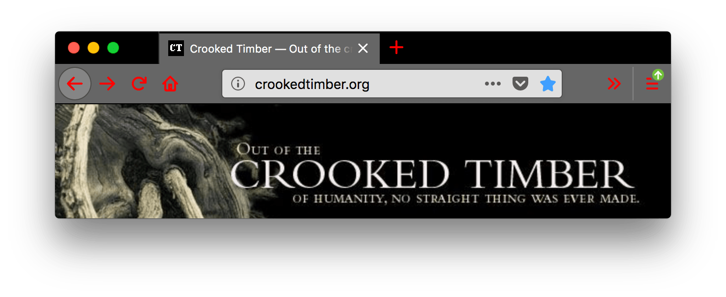 Browser Firefox ist schwarz. Die Tabs und die URL-Leiste des Browsers sind grau mit weißem Text. Die URL-Leiste und neue Tab-Icons sind rot. Die roten Icons kontrastieren gut mit dem schwarzen Hintergrund des Kopfbereichs.