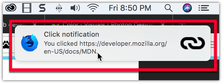 Beispielbenachrichtigung auf macOS, unterhalb der Systemuhr, mit einem fett gedruckten Titel "Click notification" und anschließendem normalen Text mit "You clicked https://developer.mozilla.org/de/docs/MDN". Die Benachrichtigung hat das Firefox Nightly-Logo auf der linken Seite und ein Link-Symbol auf der rechten Seite.