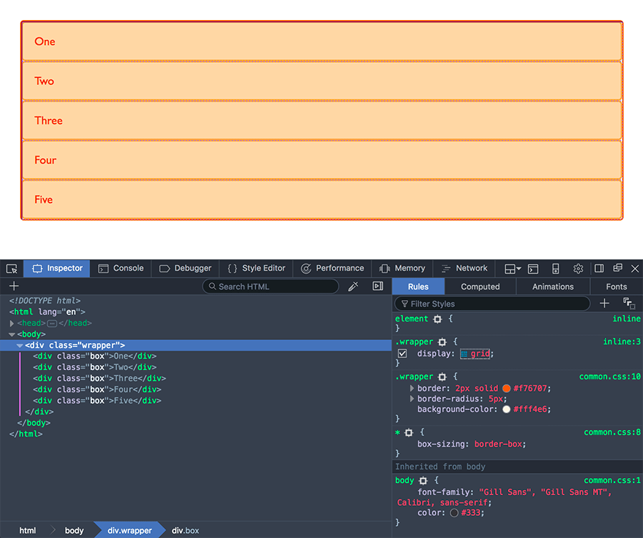 Verwendung des Grid-Highlighters in den Firefox DevTools zum Anzeigen eines Grids