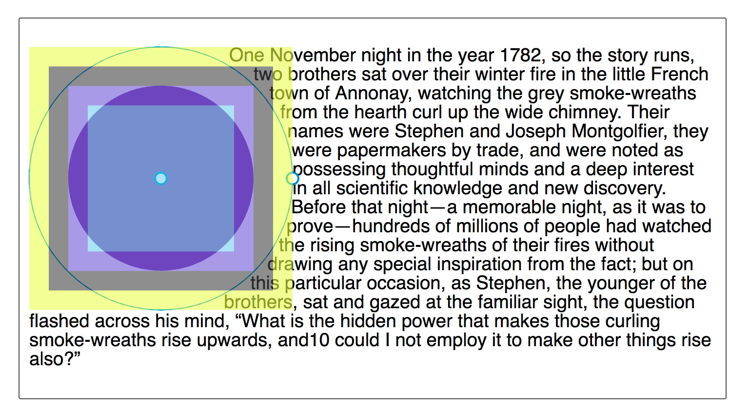 Ein Bild, das einen Kreis zeigt, der mit dem Firefox DevTools Shape Inspector überprüft wird. Die verschiedenen Teile des Boxmodells sind hervorgehoben.