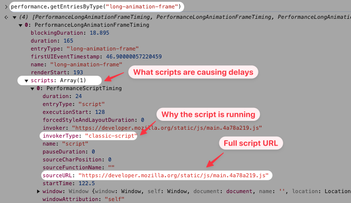 Screenshot of the browser console showing long animation frames, with the script invoker type and source URL highlighted.