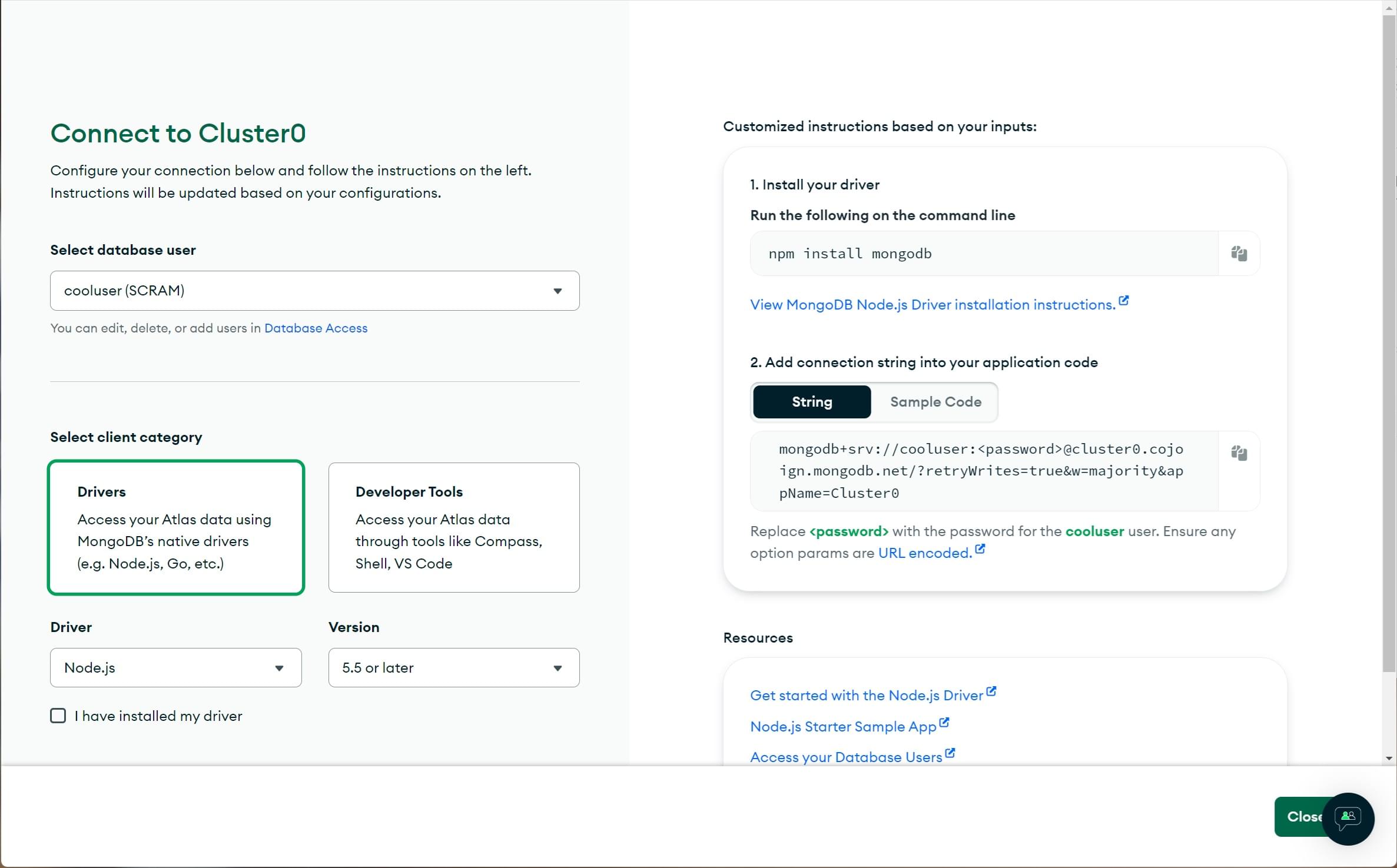 Choose the Short SRV connection when setting up a connection on MongoDB Atlas.