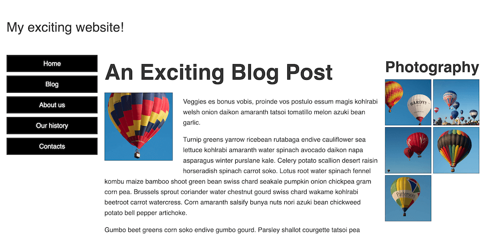 RWD 課題のウェブサイトの広い画面のレイアウトの完成例。上部にはロゴ、続いて 3 段組み：左側に縦型ナビゲーションメニュー、中央にテキストコンテンツ、右側に写真ギャラリーを配置。