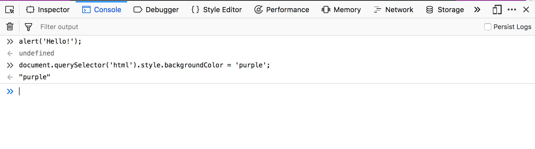 ブラウザー開発者ツールのコンソールタブ。コンソールで 2 つの JavaScript 関数が実行されました。ユーザーは関数を入力し、コンソールは返値を表示しています。